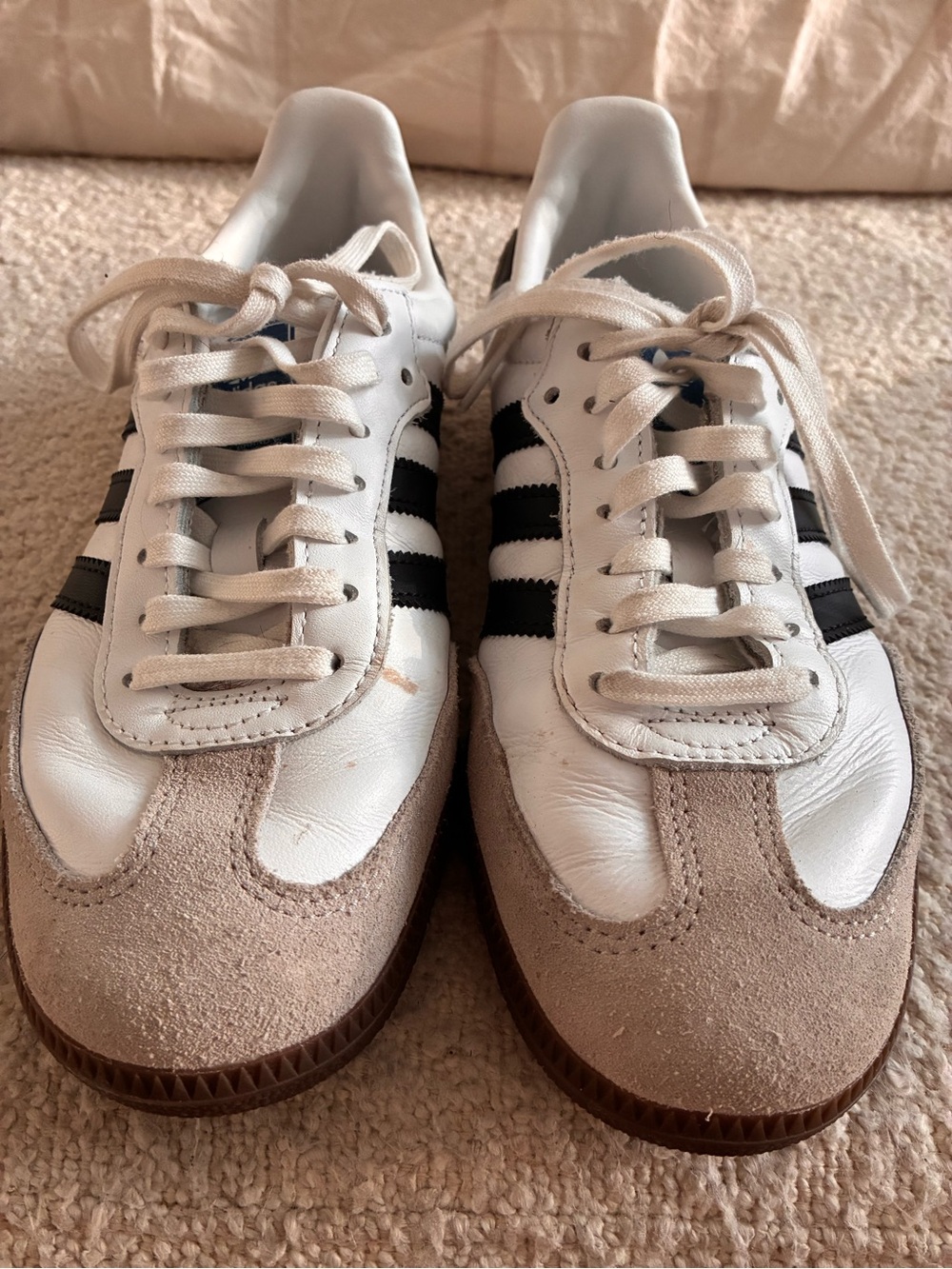 adidas Originals Women’s White Sneakers with Black Stripes and Beige Suede